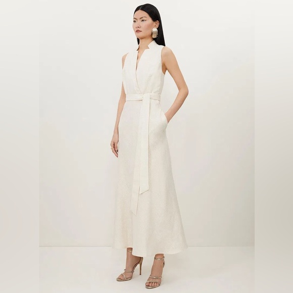 KAREN MILLEN Tailored Linen Metallic Notch Neck Maxi Dress - Picture 2 of 7